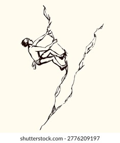 1 young risky action fit boy difficult grip effort move white sky text space. Black ink pen line drawn guy finger rope rise wild mount wall height ridge crag altitude. Close up free female body figure raise courage scene doodle outline contour style