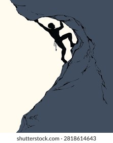 1 young risky action fit boy difficult grip effort move white sky text space. Black ink pen line drawn guy finger rope rise wild mount wall height ridge crag altitude. Close up free female body figure raise courage scene doodle outline contour style