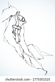 1 young risky fit boy alpinist difficult move success white sky text space. Black drawn guy finger cling rope rise mount wall ridge crag peak top. Close up sea scenic iew sketch art line cartoon style