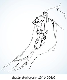 1 young risky fit boy alpinist difficult move success white sky text space. Black drawn guy finger cling rope rise mount wall ridge crag peak top. Close up sea scenic iew sketch art line cartoon style