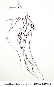 1 young risky fit boy alpinist difficult move success white sky text space. Black drawn guy finger cling rope rise mount wall ridge crag peak top. Close up sea scenic iew sketch art line cartoon style