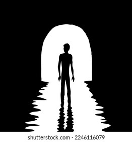 1 young sad body go pass away dead black water hole road view deep grief spirit problem bright white text space. Hand drawn clinical soul die glow ray old gate logo icon sign design mystic cartoon art