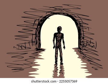 Un hombre camina en un túnel. Dibujo de vectores