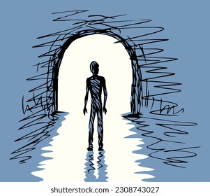 1 young sad body go pass away dead black water hole road view deep grief spirit problem bright white text space. Hand drawn clinical soul die glow ray old gate logo icon sign design mystic cartoon art