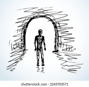 1 young sad male body pass go away view  Deep grief spirit problem white text space  Line black hand drawn clinical soul die glow ray old gate logo icon sign design  Vintage mystic art doodle sketch