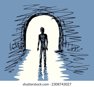 1 young sad male body pass go away view  Deep grief spirit problem white text space  Line black hand drawn clinical soul die glow ray old gate logo icon sign design  Vintage mystic art doodle sketch