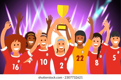 1  Young  women's  football  team with victory cup  on the background of fireworks in honor of the winners