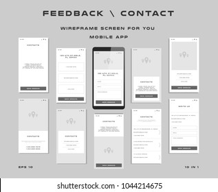 10 in 1 UI kits. Wireframes screens for your mobile app. GUI template on the topic of "feedback \ contact". Development interface with UX design. Vector illustration. Eps 10