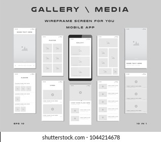 10 in 1 UI kits. Wireframes screens for your mobile app. GUI template on the topic of "gallery \ media". Development interface with UX design. Vector illustration. Eps 10