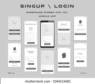 10 in 1 UI-Kits. Wireframes screens für Ihre mobile App. GUI-Vorlage zum Thema "singup \ login".  Entwicklungsschnittstelle mit UX-Design.  Vektorgrafik. EPS10