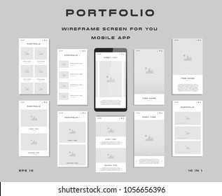 10 in 1 UI-Kits. Wireframes screens für Ihre mobile App. GUI-Vorlage zum Thema "Portfolio". Entwicklungsschnittstelle mit UX-Design. Vektorgrafik. EPS10