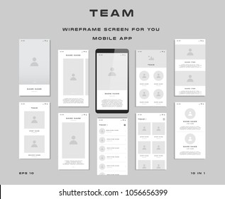 10 in 1 UI kits. Wireframes screens for your mobile app. GUI template on the topic of "Team". Development interface with UX design. Vector illustration. Eps 10