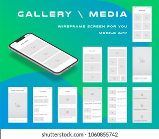 10 in 1 UI kits. Wireframes screens for your mobile app. GUI template on the topic of "gallery \ media". Development interface with UX design. Vector illustration. Eps 10