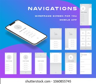 10 in 1 UI kits. Wireframes screens for your mobile app. GUI template on the topic of "Portfolio". Development interface with UX design. Vector illustration. Eps 10