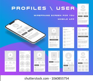 10 in 1 UI kits. Wireframes screens for your mobile app. GUI template on the topic of "Profile and User". Development interface with UX design. Vector illustration. Eps 10