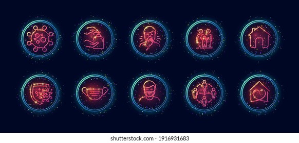 10 in 1 vector icons set related to corona virus medical theme. Lineart vector icons in geometric neon glow style with particles isolated on background.