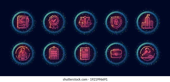 10 in 1 vector icons set related to judgement theme. Lineart vector icons in geometric neon glow style with particles isolated on background.