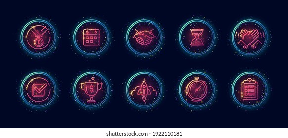 10 in 1 vector icons set related to turnaround theme. Lineart vector icons in geometric neon glow style with particles isolated on background.