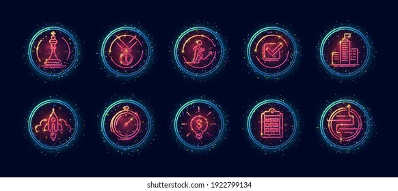 10 in 1 vector icons set related to career evolution theme. Lineart vector icons in geometric neon glow style with particles isolated on background.