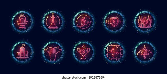 10 in 1 vector icons set related to headquarters office theme. Lineart vector icons in geometric neon glow style with particles isolated on background.