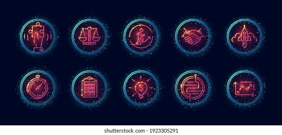 10 in 1 vector icons set related to solution theme. Lineart vector icons in geometric neon glow style with particles isolated on background.