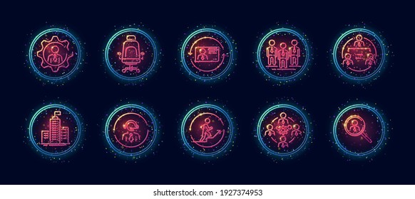 10 in 1 vector icons set related to human resources theme. Lineart vector icons in geometric neon glow style with particles isolated on background.