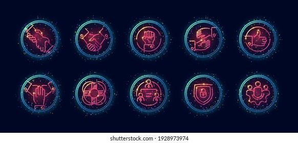 10 in 1 vector icons set related to labour rights and team building theme. Lineart vector icons in geometric neon glow style with particles isolated on background.