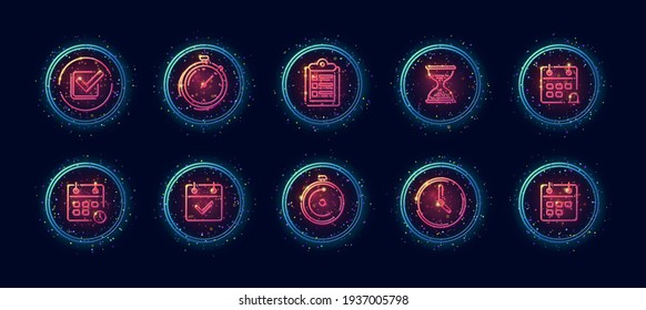 10 in 1 vector icons set related to time management theme. Lineart vector icons in geometric neon glow style with particles isolated on background.