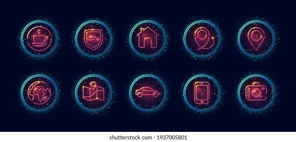 10 in 1 vector icons set related to car trip theme. Lineart vector icons in geometric neon glow style with particles isolated on background.