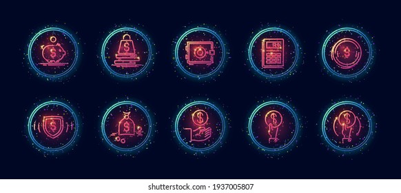 10 in 1 vector icons set related to money and finances theme. Lineart vector icons in geometric neon glow style with particles isolated on background.