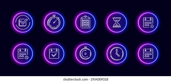 10 en 1 iconos vectoriales establecidos en relación con el tema de administración del tiempo. Iconos vectoriales lineales en el estilo de brillo de neón aislados en el fondo.