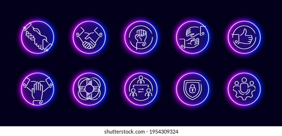 10 in 1 vector icons set related to labour rights and team building theme. Lineart vector icons in neon glow style isolated on background.