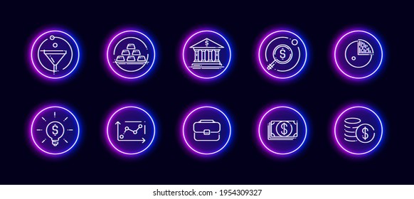 10 in 1 vector icons set related to finance and business theme. Lineart vector icons in neon glow style isolated on background.