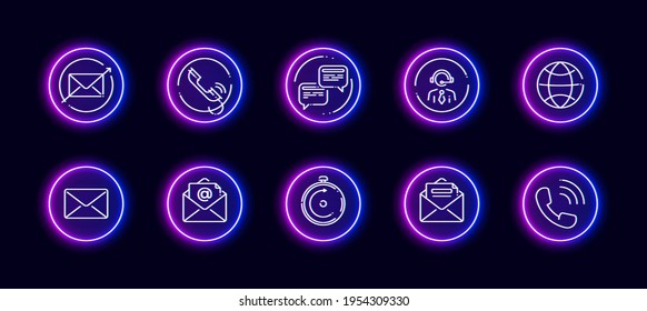 10 in 1 vector icons set related to qna, support theme. Lineart vector icons in neon glow style isolated on background.