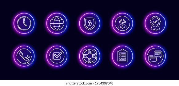 10 in 1 vector icons set related to discussion theme. Lineart vector icons in  neon glow style isolated on background.