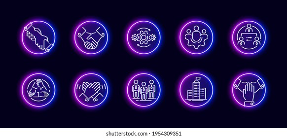 10 in 1 vector icons set related to team building and co working theme. Lineart vector icons in neon glow style isolated on background.