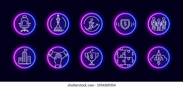 10 in 1 vector icons set related to headquarters office theme. Lineart vector icons in neon glow style isolated on background.