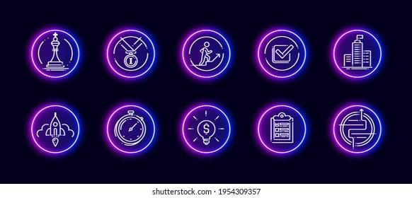 10 in 1 vector icons set related to career evolution theme. Lineart vector icons in neon glow style isolated on background.
