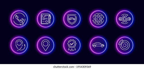 10 in 1 vector icons set related to car insurance theme. Lineart vector icons in  neon glow style isolated on background.