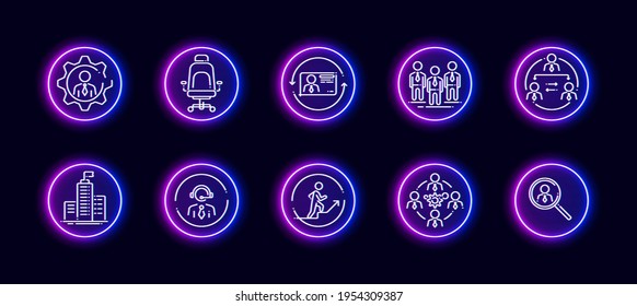 10 in 1 vector icons set related to human resources theme. Lineart vector icons in neon glow style isolated on background.