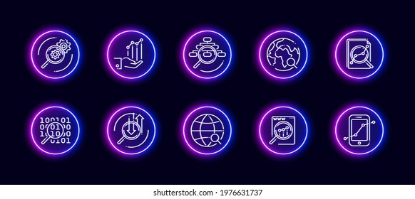 10 in 1 vector icons set related to data analysis theme. Lineart vector icons in neon glow style isolated on background.
