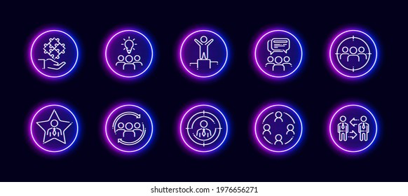 10 in 1 vector icons set related to team work theme. Lineart vector icons in neon glow style isolated on background.