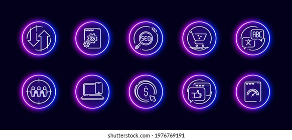 10 in 1 vector icons set related to seo link optimization theme. Lineart vector icons in neon glow style isolated on background.