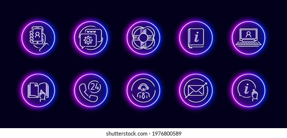 10 in 1 vector icons set related to customer support theme. Lineart vector icons in neon glow style isolated on background.
