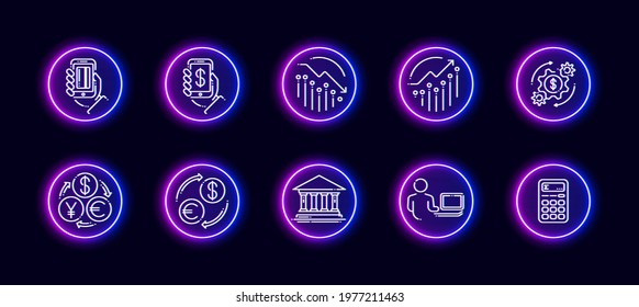 10 in 1 vector icons set related to money trade theme. Lineart vector icons in neon glow style isolated on background.