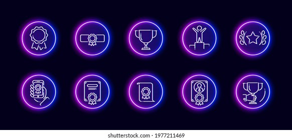 10 in 1 vector icons set related to winner award theme. Lineart vector icons in neon glow style isolated on background.