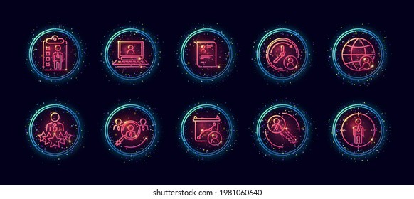 10 in 1 vector icons set related to human resources theme. Lineart vector icons in geometric neon glow style with particles isolated on background.