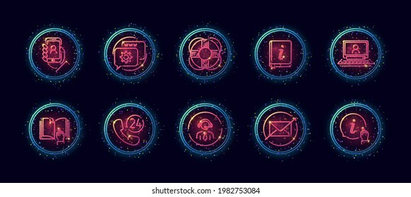 10 in 1 vector icons set related to customer support theme. Lineart vector icons in geometric neon glow style with particles isolated on background.