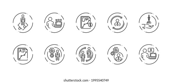 10 in 1 vector icons set related to business company management theme. Black lineart vector icons isolated on background.