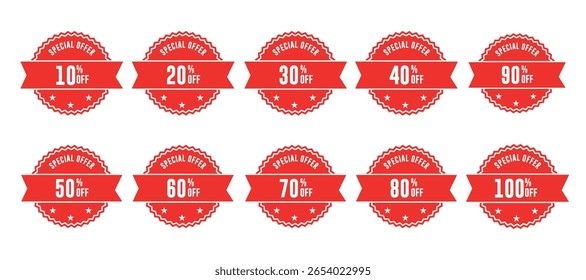 10% to 100% Off Red Special Offer Stamp Vector | Discount Badge Isolated on White Background
